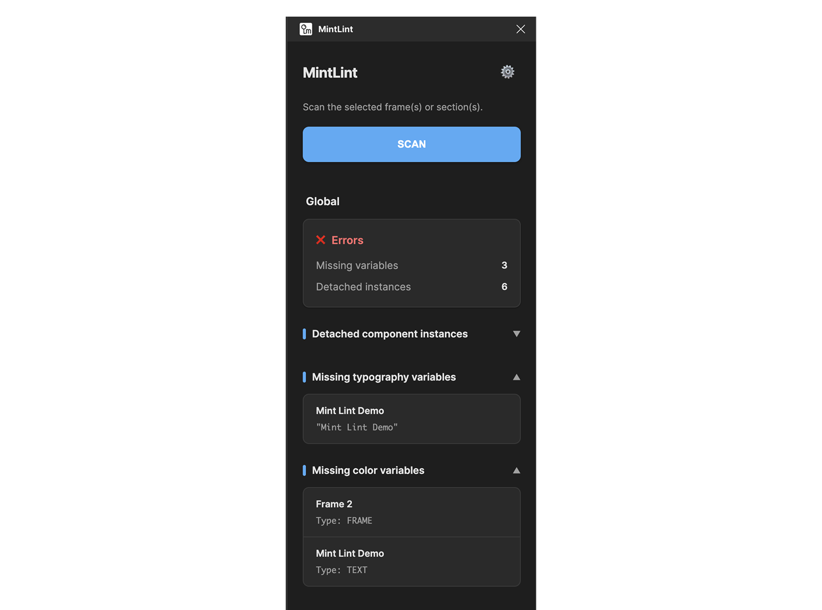 a scan button with global errors and variables missing on the custom linting plugin screen
