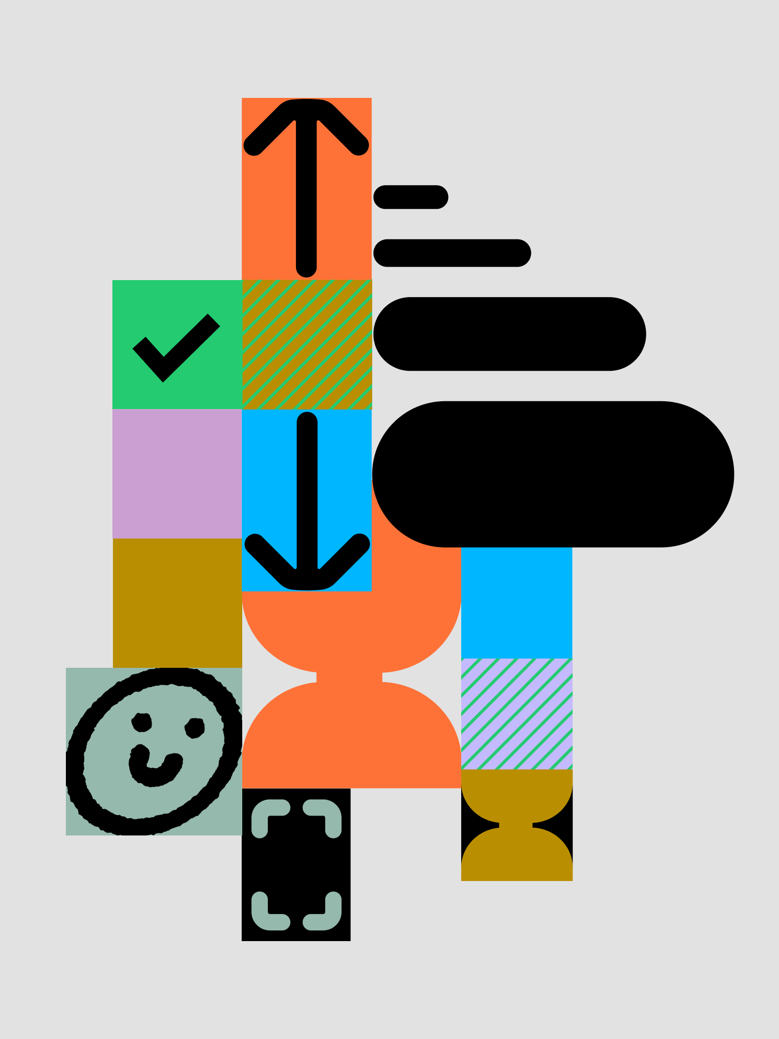 Abstract vertical composition of colorful geometric blocks with arrows, checkmarks, and rounded shapes on a light gray background.