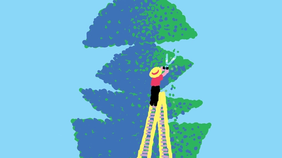 Jardinier sur une échelle taillant un arbre