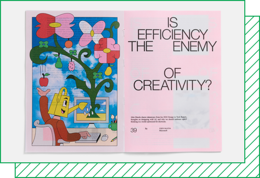 A spread from a magazine shows an illustration of a person with a watering can for a head typing at a computer. A plant grows out of the monitor, sprouting flowers and dropping an apple into the person’s free hand. The next page is a title page reading, “Is efficiency the enemy of creativity?” 
