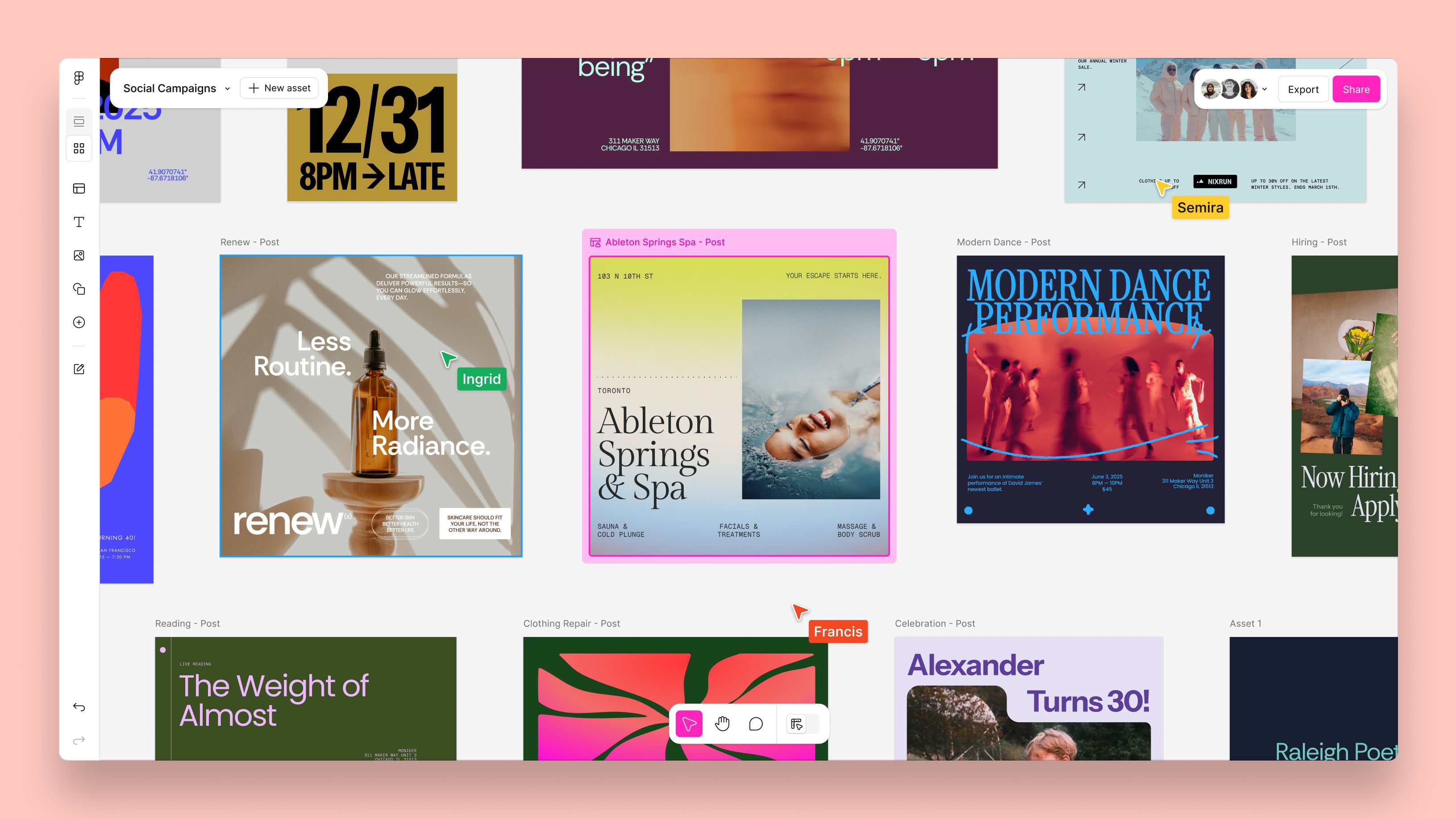 A vibrant Figma workspace displaying a series of colorful social media campaign designs with collaborator tags and editable elements.