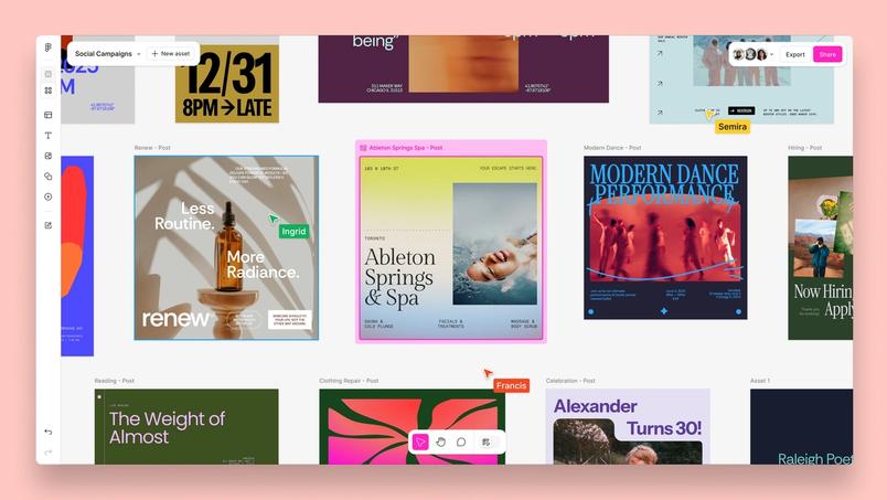 A vibrant Figma workspace displaying a series of colorful social media campaign designs with collaborator tags and editable elements.