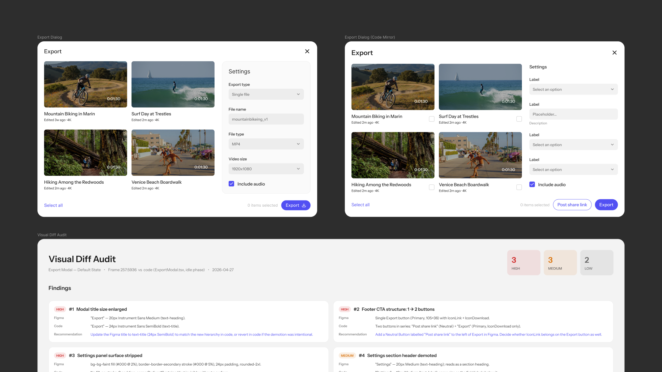 A side-by-side visual diff comparing the Export dialog in Figma Design against its coded counterpart, with a findings panel below surfacing eight discrepancies across high, medium, and low severity—including a larger modal title, an added "Post share link" button, a stripped settings panel surface, and a demoted settings header.