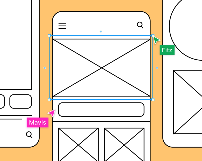 Two teammate cursors collaborating on black and white mobile wireframes.
