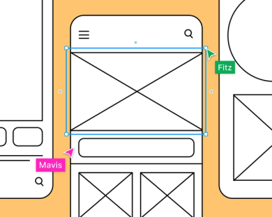 Two teammate cursors collaborating on black and white mobile wireframes.