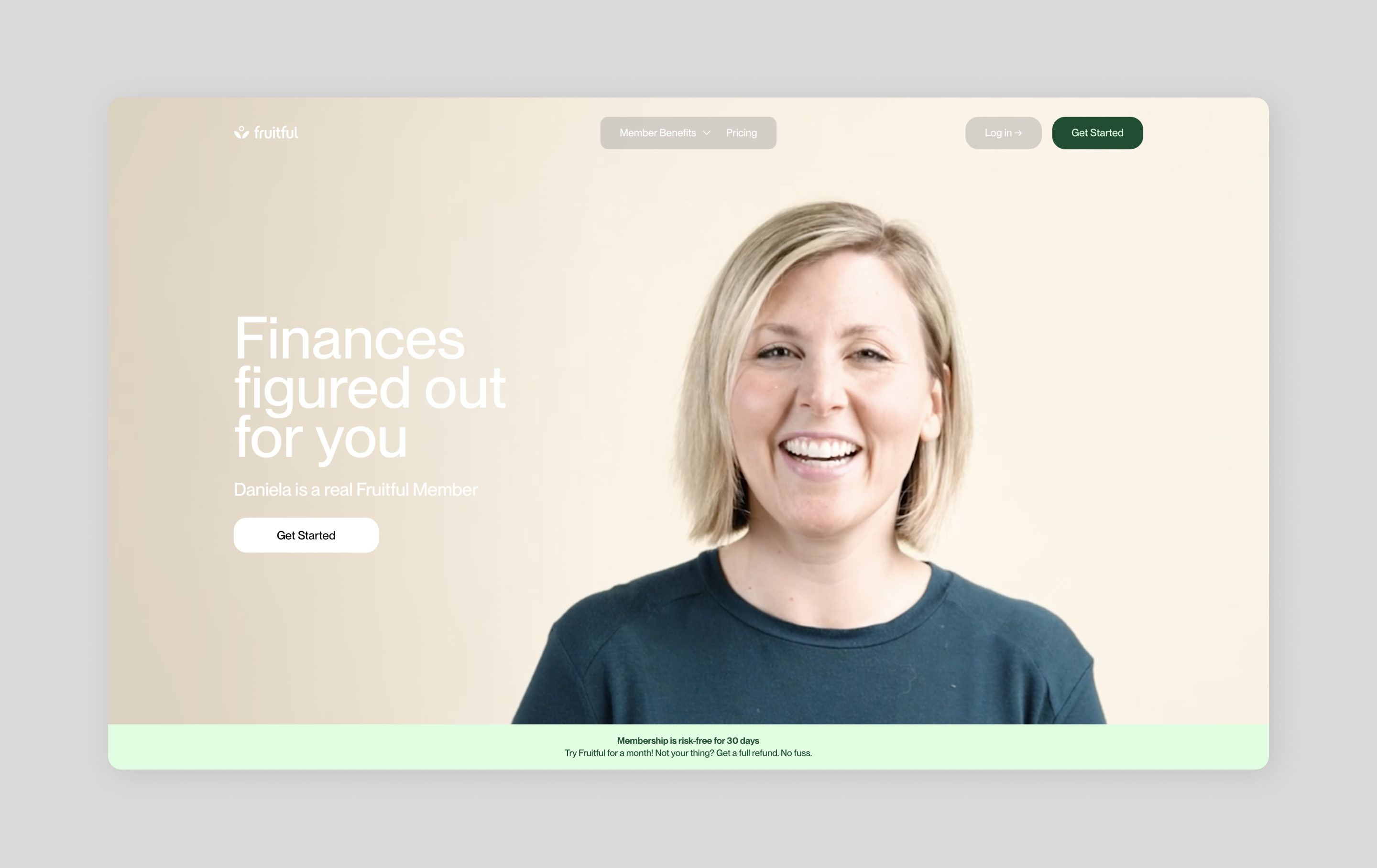 Screenshot of Fruitful’s homepage that uses a full-screen website layout.