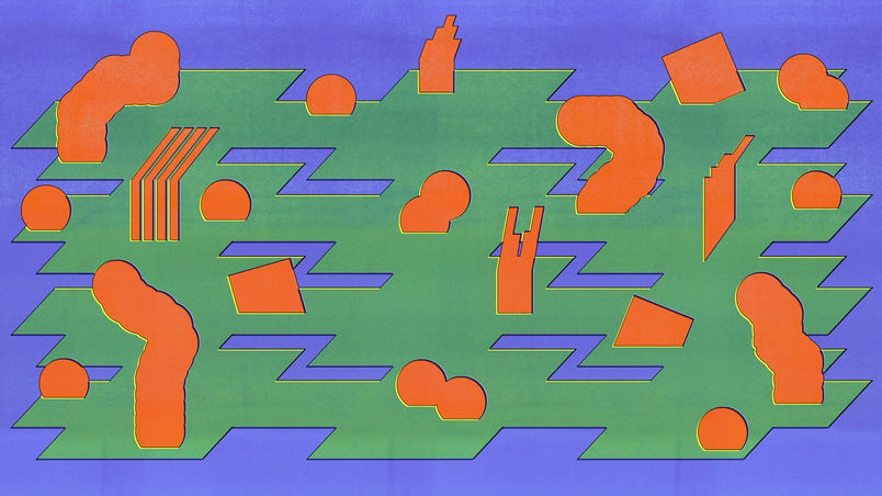 Abstrakte Artwork mit orangefarbenen organischen Formen und grünen Zickzackmustern auf blauem Hintergrund.