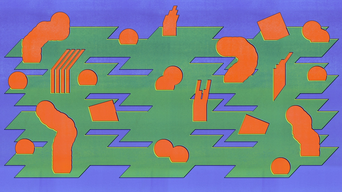 Abstract artwork featuring orange organic shapes and green zigzag patterns on a blue background.