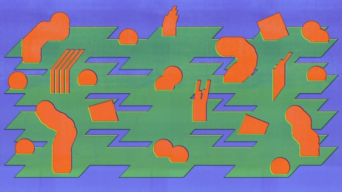 Abstract artwork featuring orange organic shapes and green zigzag patterns on a blue background.