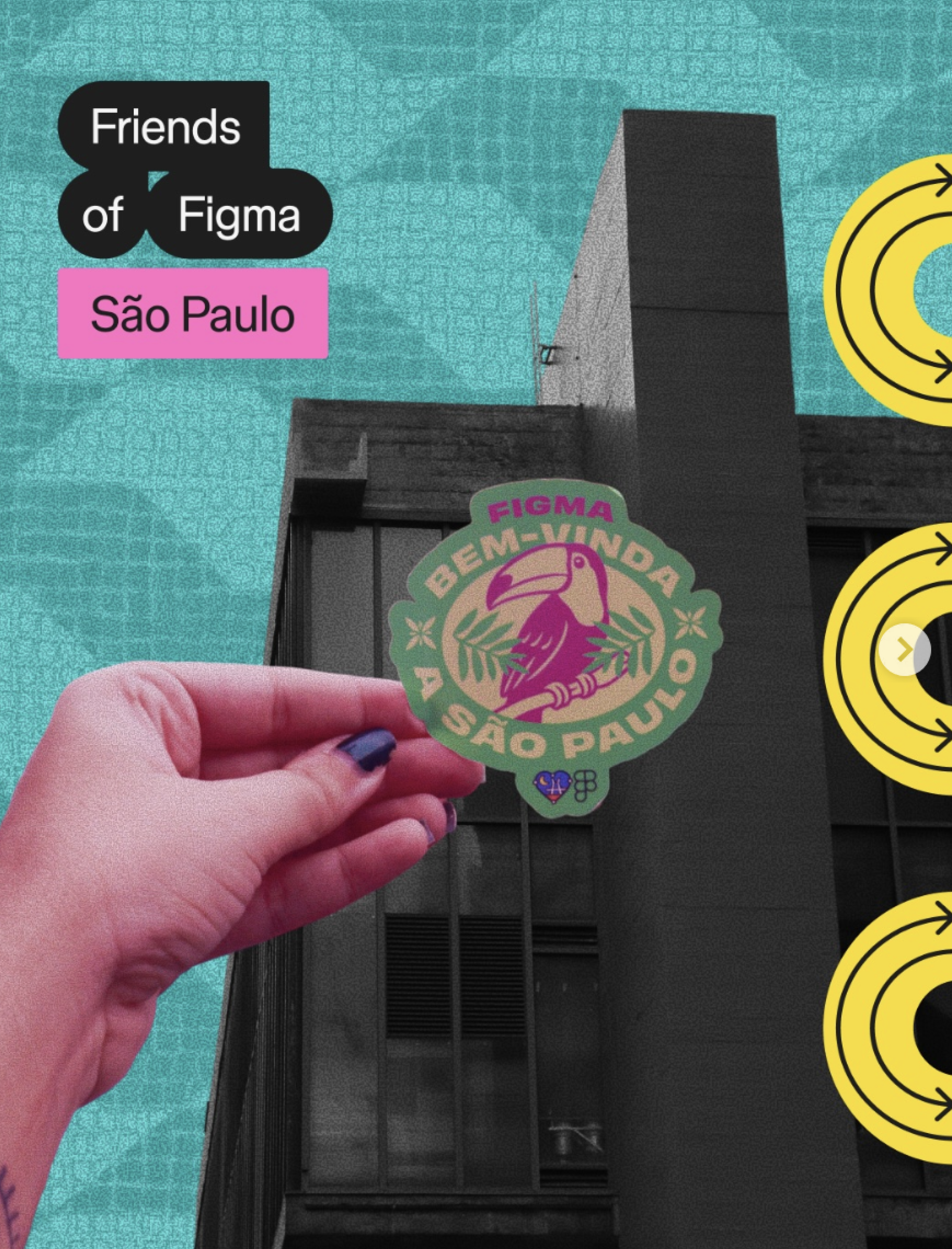 A graphic features a hand holding a colorful toucan sticker