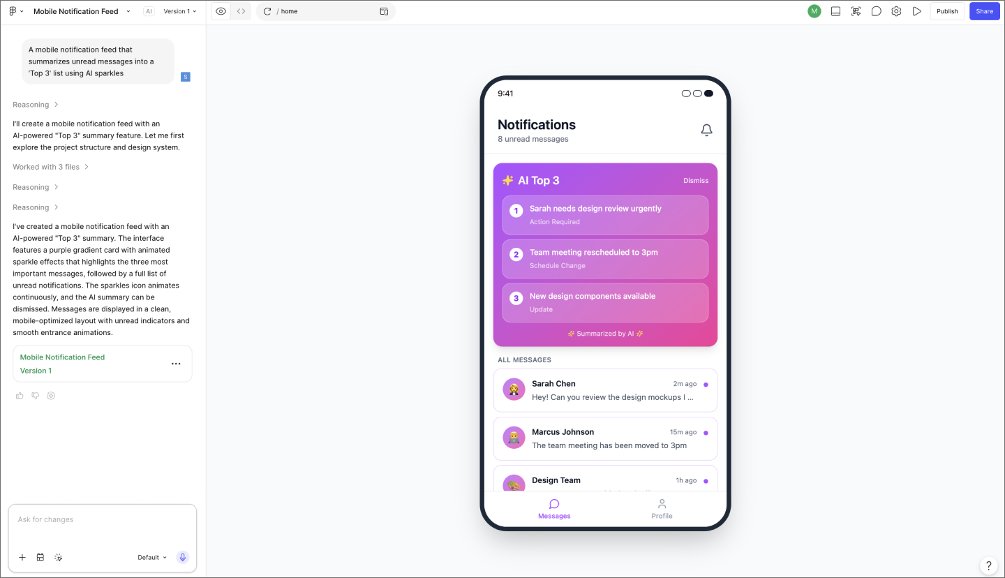 A Figma Make prototype of a high-fidelity mobile UI for an AI-summarized notification feed.