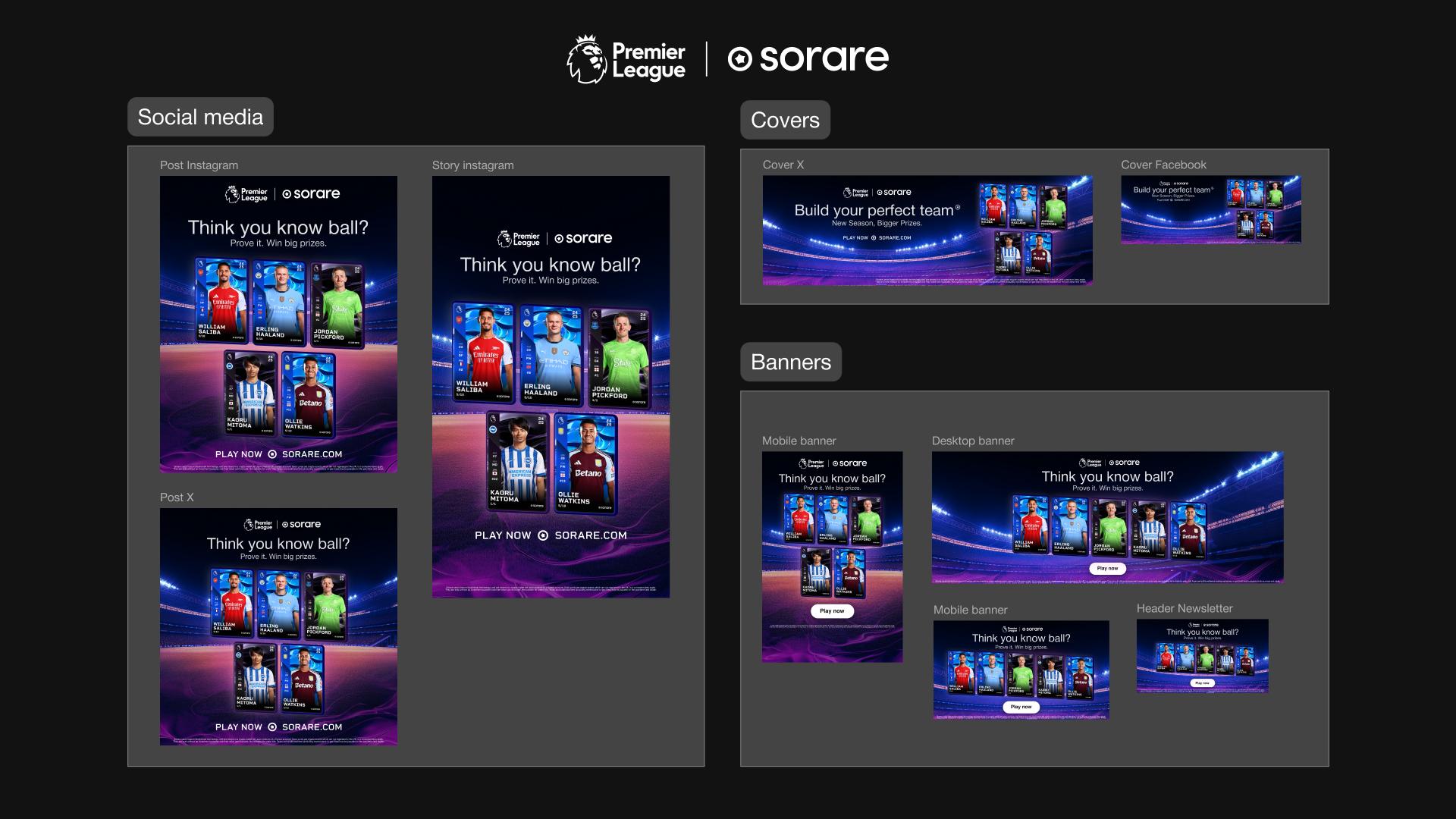 A visual with a black background showing the 9 assets dedicated to the Premier League, divided into the Social Networks, Cover Images and Banners categories.