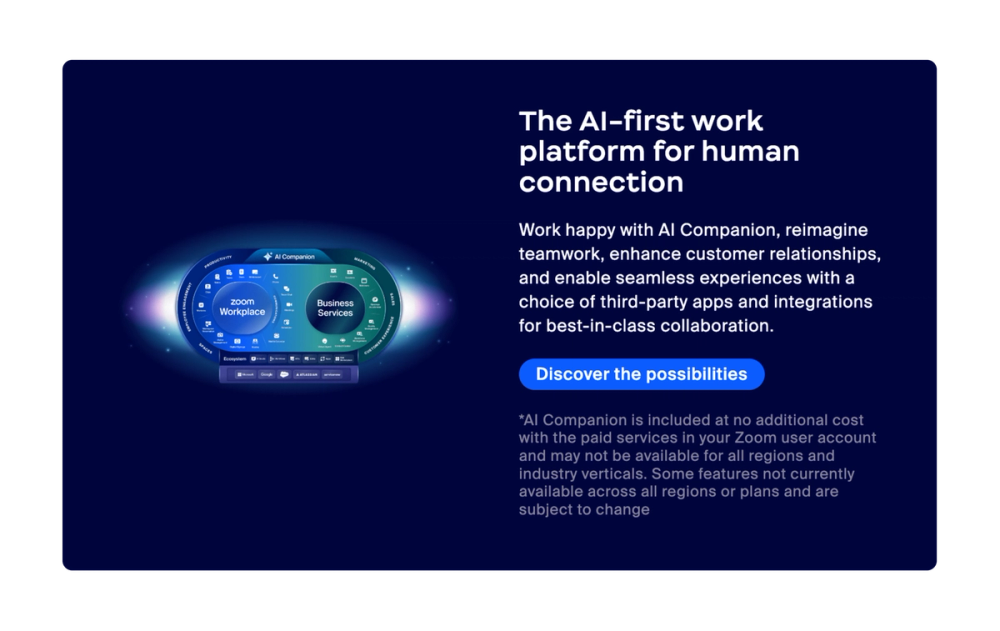 Sample Zoom CTA including Discover the possibilities.