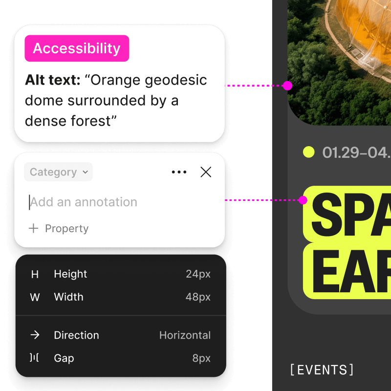 An annotation attached to a product screen is marked with an accessibility tag, and includes the alt text for the product screen image of a dome surrounded by forest