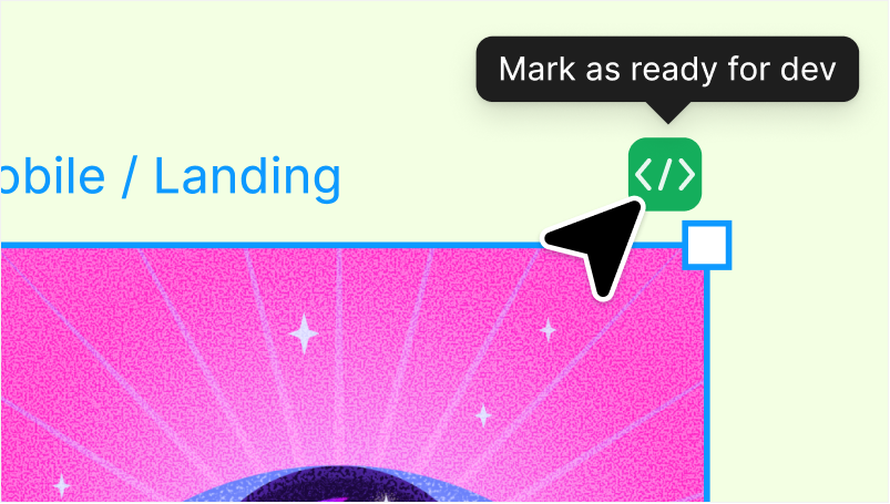 A finished webpage is ready for development. The cursor hovers over a button marked "Mark ready for dev." 