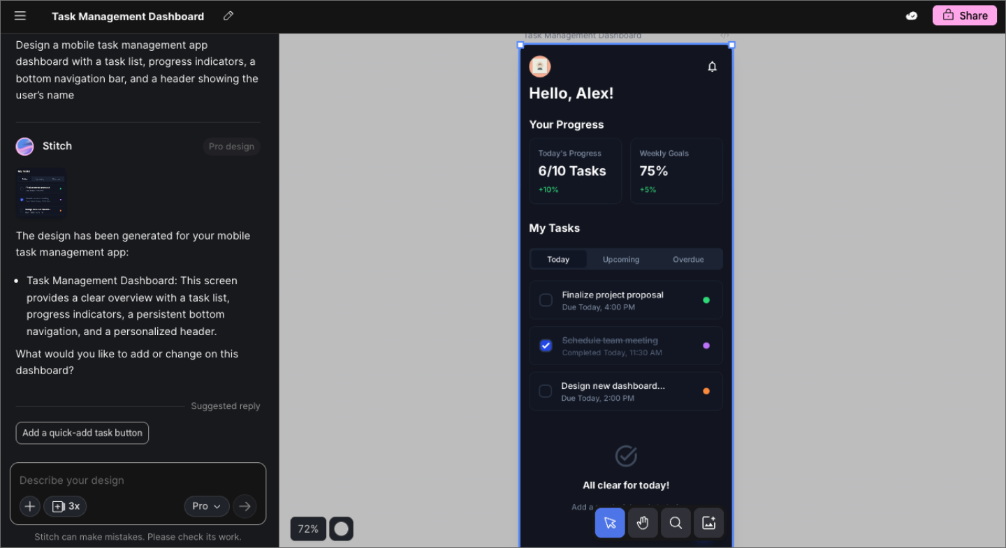 Screenshot of a user creating a UX design using Stitch.