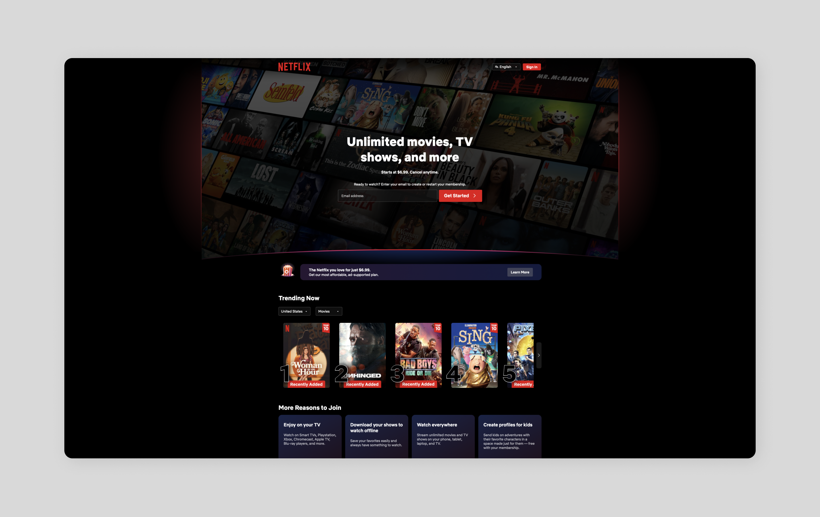 Screenshot of the Netflix homepage showing the side-scrolling layout they use to display category options. 
