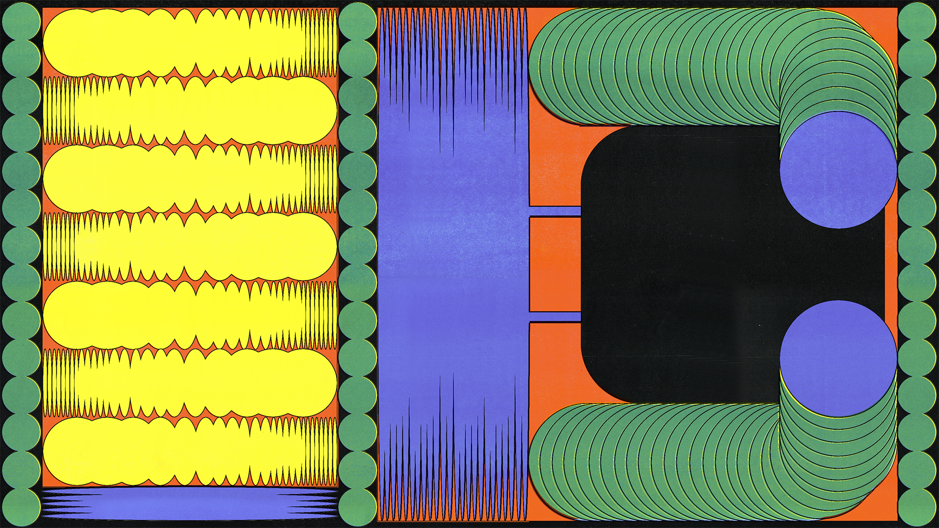 An abstract, symmetrical artwork with bold, vibrant colors. The left side features repeating wavy yellow forms, bordered by a row of green circles. The center has a vertical blue stripe and a black rectangle with two horizontal blue bars. The right side includes overlapping green arcs, forming a curved structure, with additional green circles along the edge. The background alternates between orange and black sections, creating a striking visual contrast.