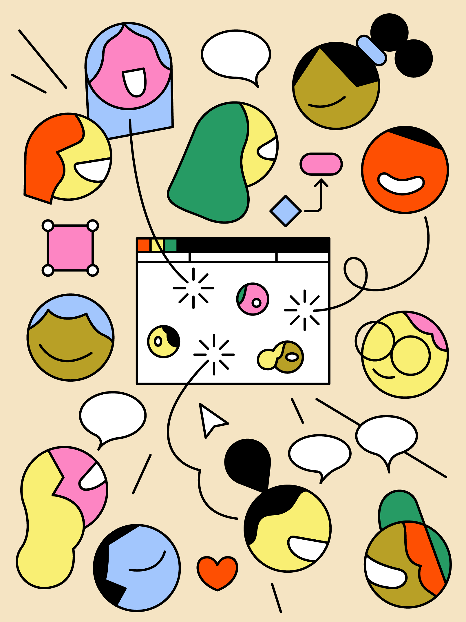 An illustration depicting faces leaping out of a digital screen and having conversations
