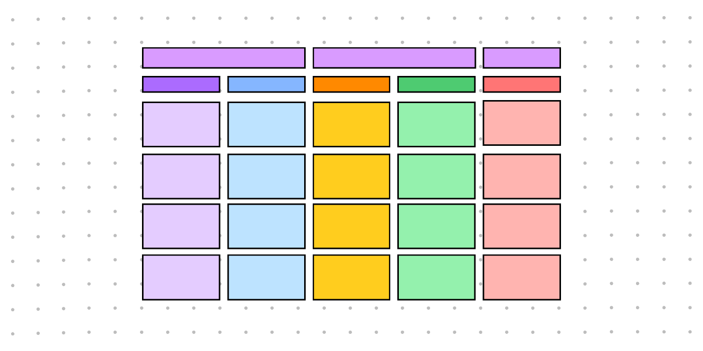 A grid of colorful rectangles arranged in a pattern on a dotted background, representing a project management or design layout.