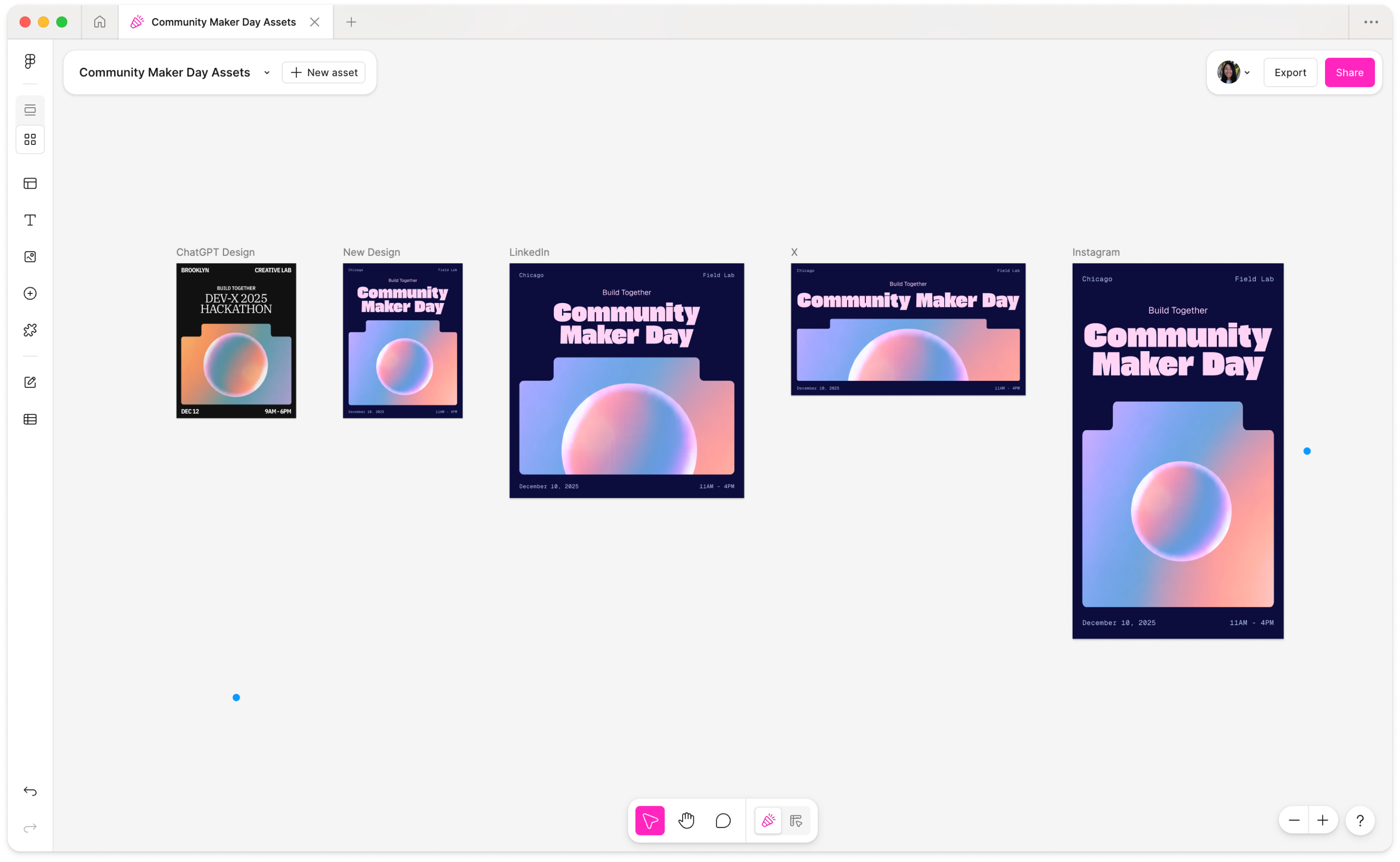 Screenshot of five assets in grid view in Figma Buzz, each scaled for LinkedIn, X, or Instagram