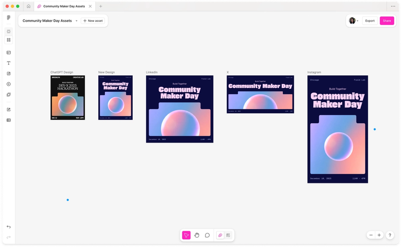 Screenshot of five assets in grid view in Figma Buzz, each scaled for LinkedIn, X, or Instagram