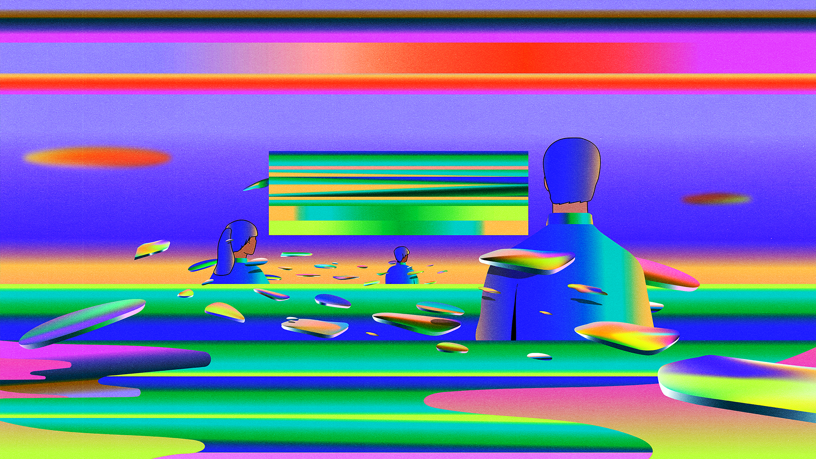 A surreal neon landscape with faceless figures, floating shards, and a glowing striped portal on the horizon.