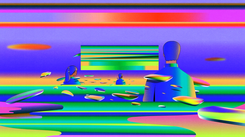 A surreal neon landscape with faceless figures, floating shards, and a glowing striped portal on the horizon.