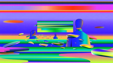 A surreal neon landscape with faceless figures, floating shards, and a glowing striped portal on the horizon.