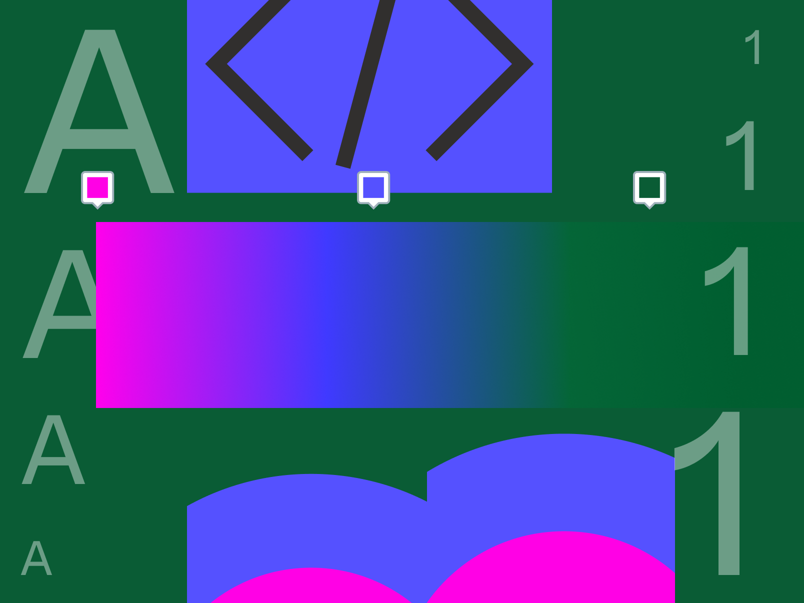 The image features a collage of abstract shapes and letters on a dark green background. In the upper left corner, there's a series of the letter "A" in a lighter green shade. A large blue rectangle with a darker blue outline is in the upper right, next to which are smaller shapes that resemble speech bubbles. The center of the image has a horizontal gradient bar transitioning from pink to blue. In the bottom right, there are more "1" digits in the same light green color, and the bottom left shows overlapping pink and blue curved shapes.