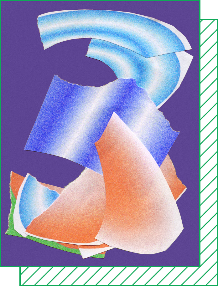 Torn colorful paper collage with blue, orange, and green gradients layered over purple background
