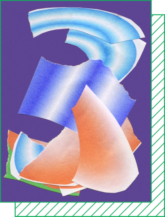 Torn colorful paper collage with blue, orange, and green gradients layered over purple background