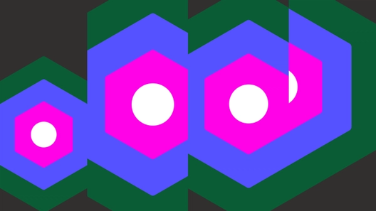 This image features a graphic design with a pattern of overlaid hexagons in varying shades of pink, blue, and green, with white circles in the center of each hexagon. The background consists of darker shades of green, creating a sense of depth. The image has a modern and abstract feel.