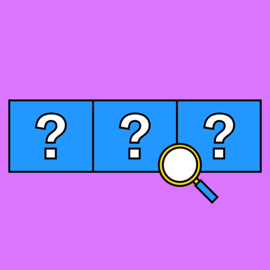 three blue squares in a row with question marks on them