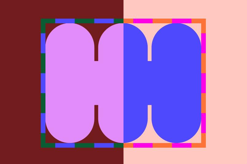 A geometric design divided vertically into two halves: the left side is maroon and the right side is light peach. In the center, two overlapping pill-shaped figures in lavender and blue are enclosed within a checkered frame of green, blue, orange, and pink squares.