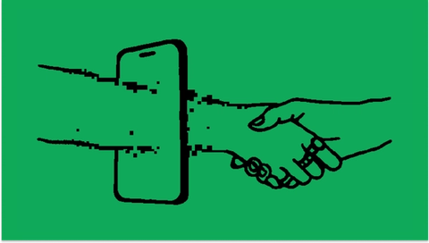 A hand reaches through a phone and shakes another hand on the other side.