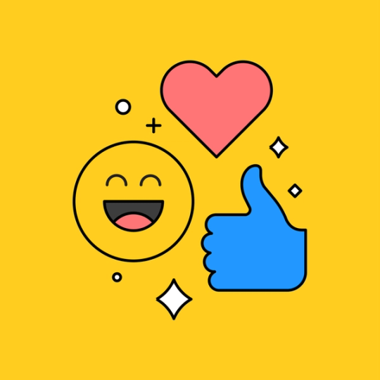 smiley face, heart, and thumbs up emojis