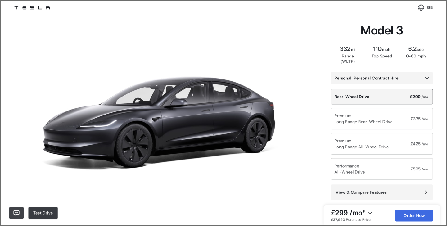  Screenshot of Tesla’s website, on the Model 3 page