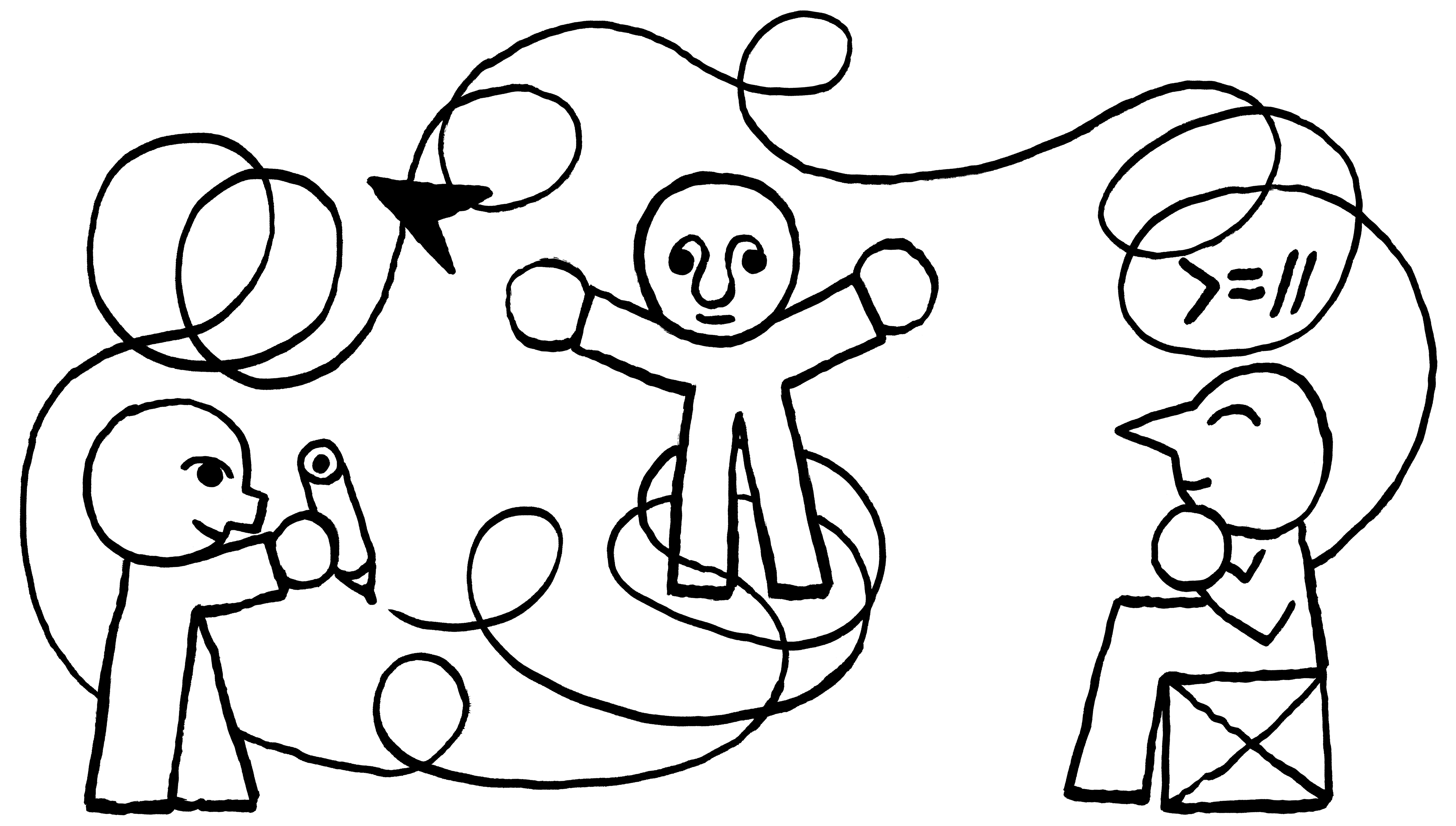 Illustration of three people connected by a swirly line drawn by a pencil