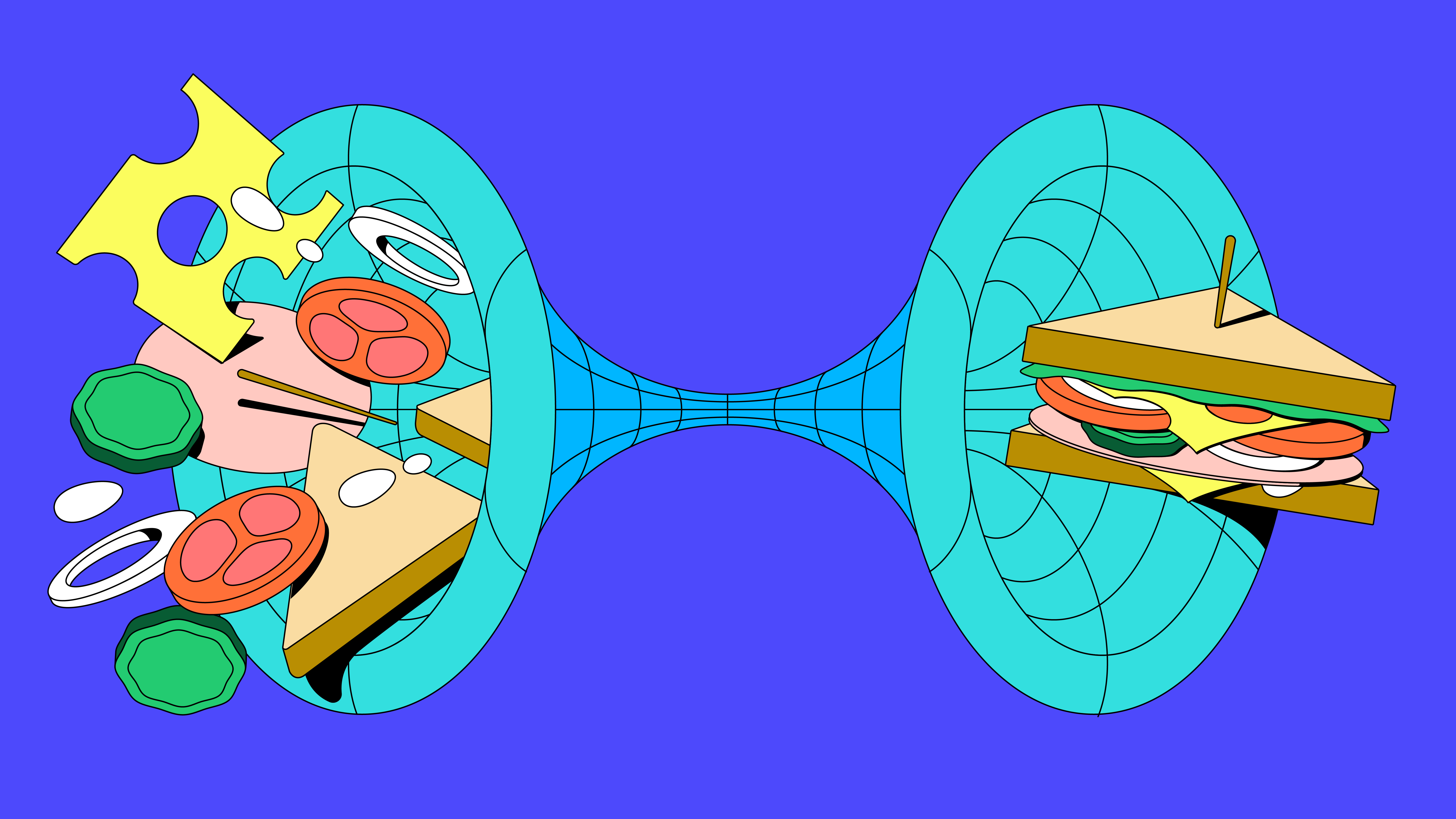 Abstract illustration of sandwich ingredients warped through a blue hourglass-shaped tunnel on a purple background.