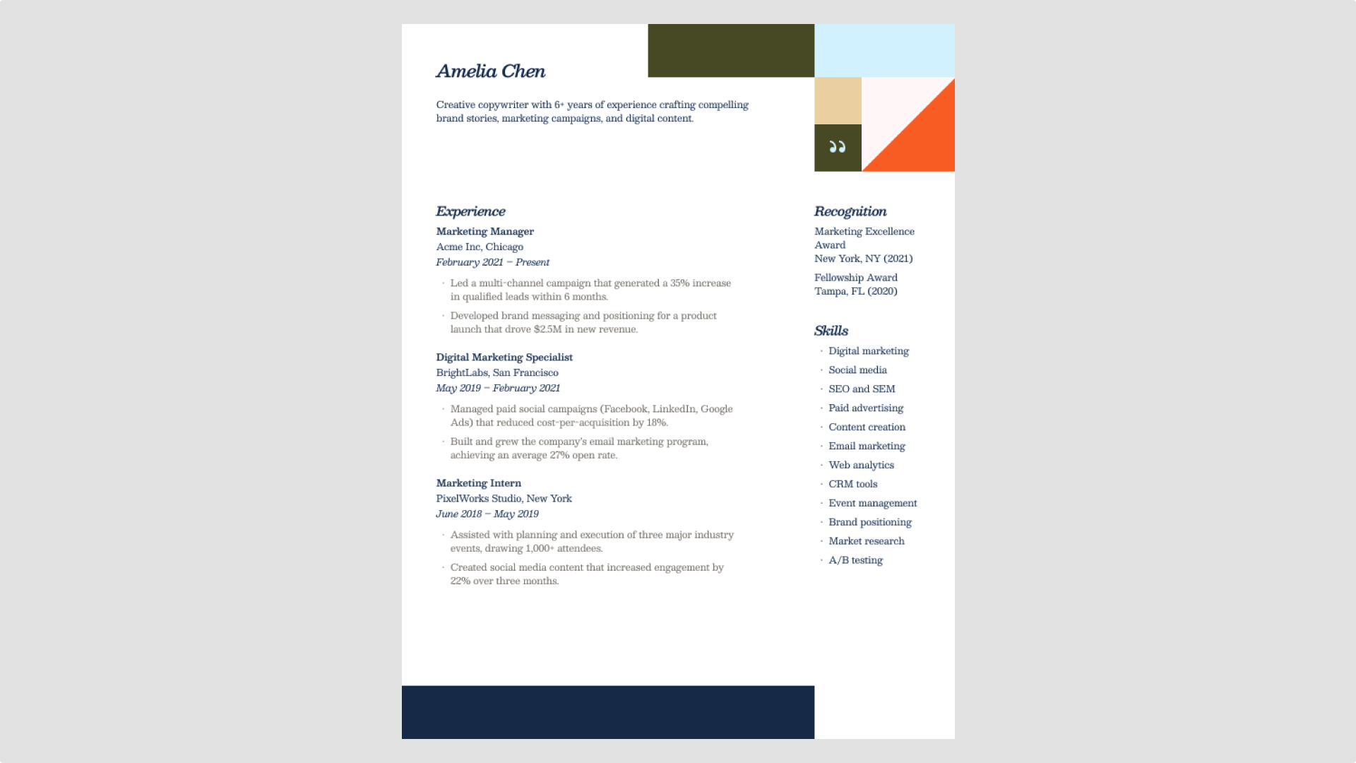 Screenshot of Figma’s modern geometric blocks resume template.