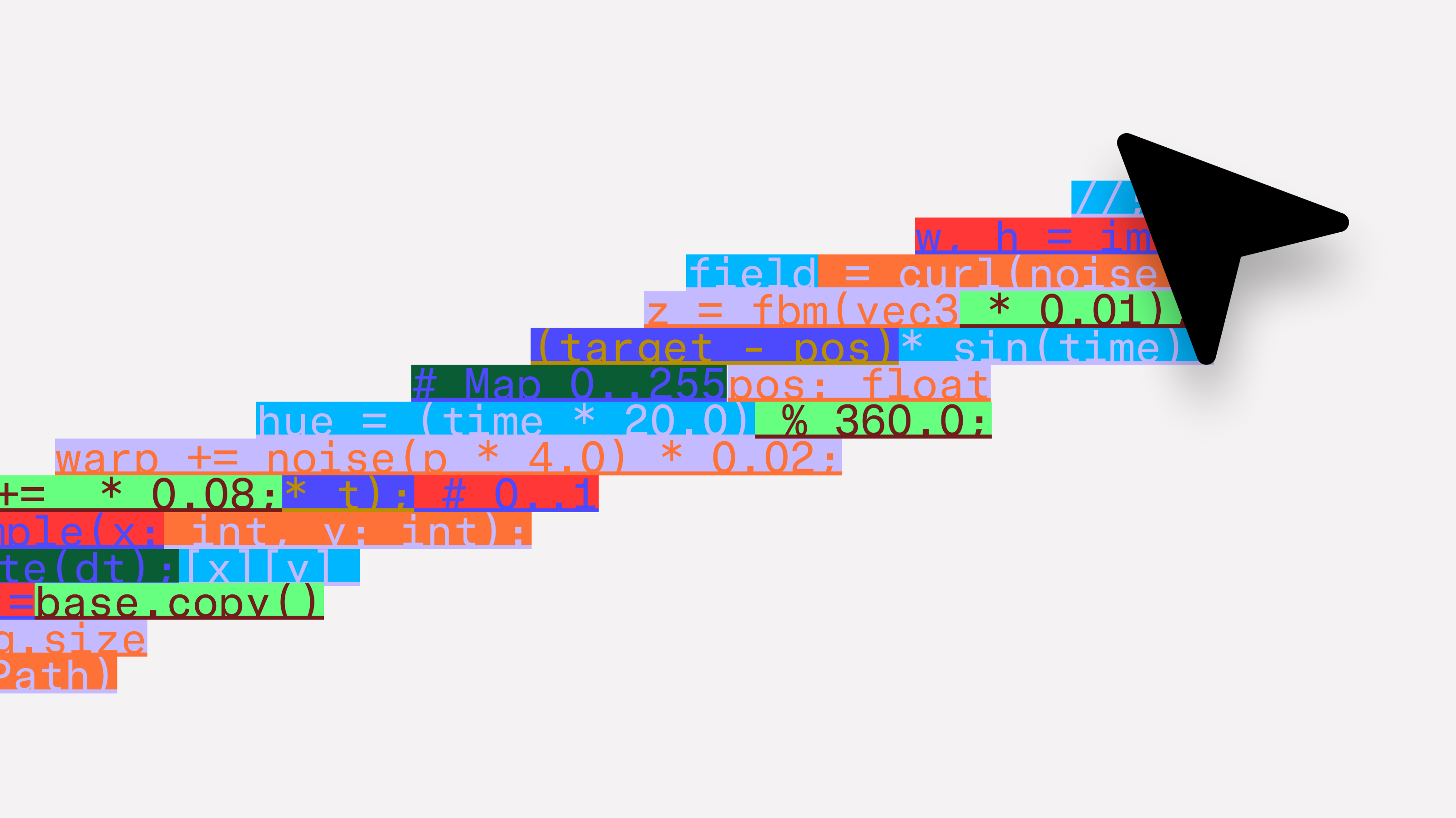 Colorful layered code snippets arranged like ascending steps with a large black cursor arrow pointing at the top.