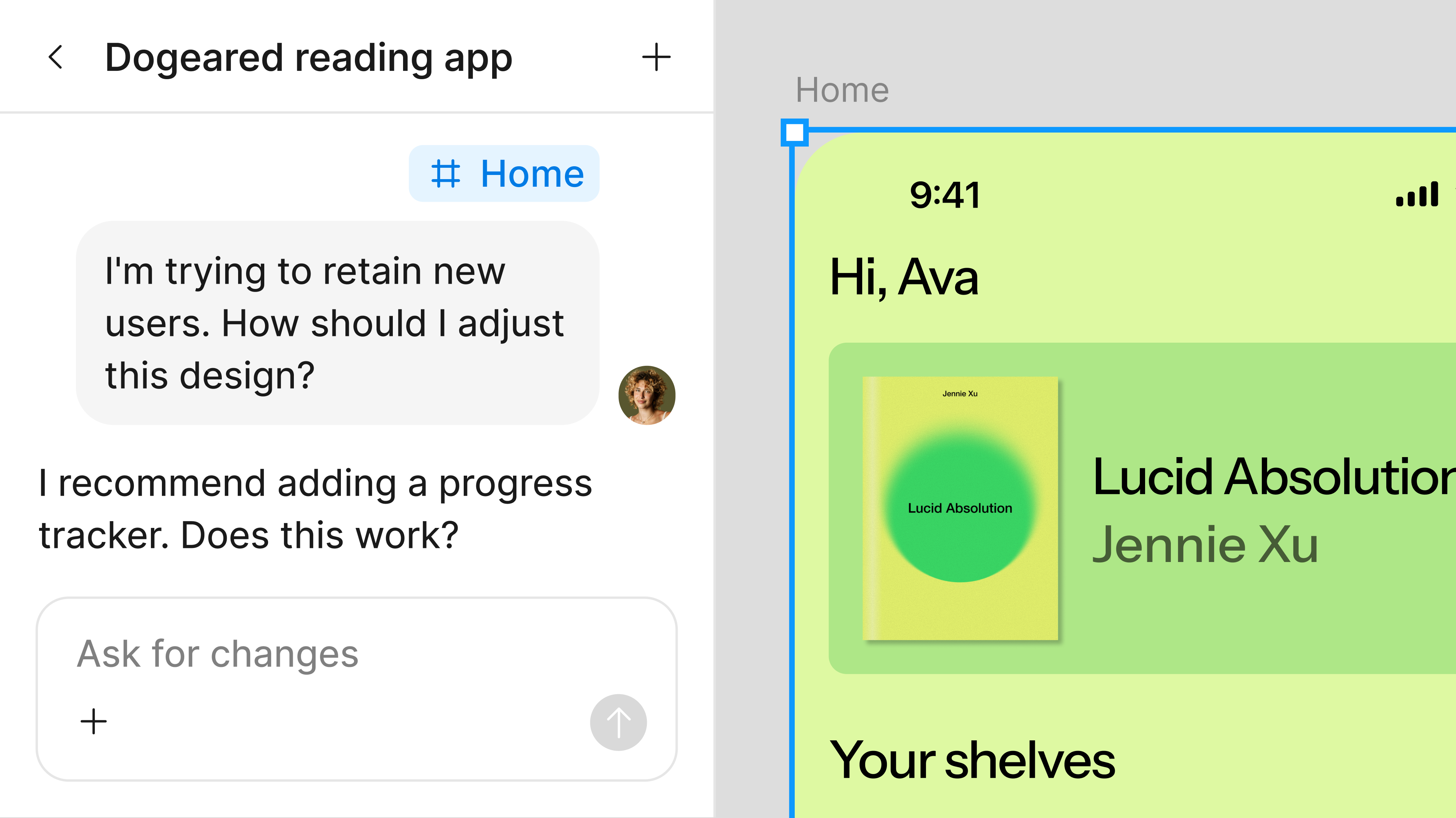 Split view of a Figma AI chat panel and a mobile reading app 'Home' screen. The user asks how to retain new users; the AI recommends adding a progress tracker.