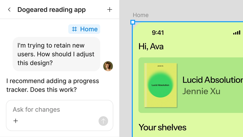 Figma AI agent panel showing a Doprand reading app conversation with design feedback and task suggestions