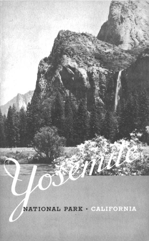 Booklet cover with a black and white photo of a meadow, trees, and mountains and Yosemite in slanted script