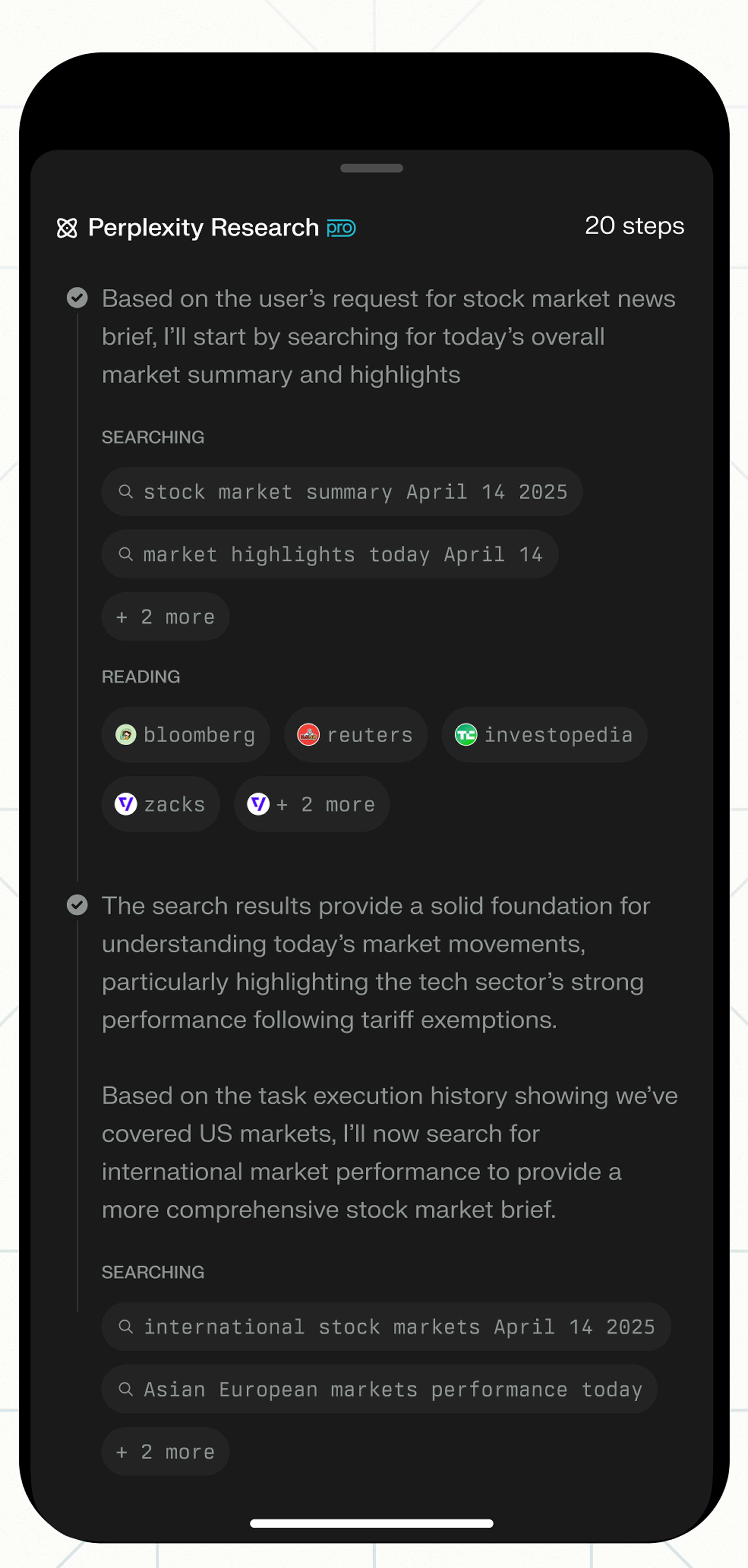 A smartphone screen showing an AI search engine performing research