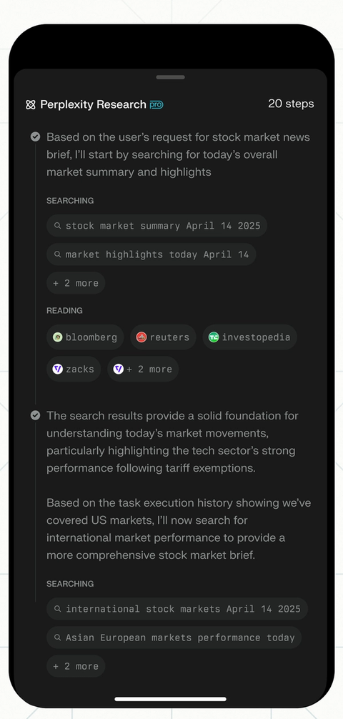 A smartphone screen showing an AI search engine performing research