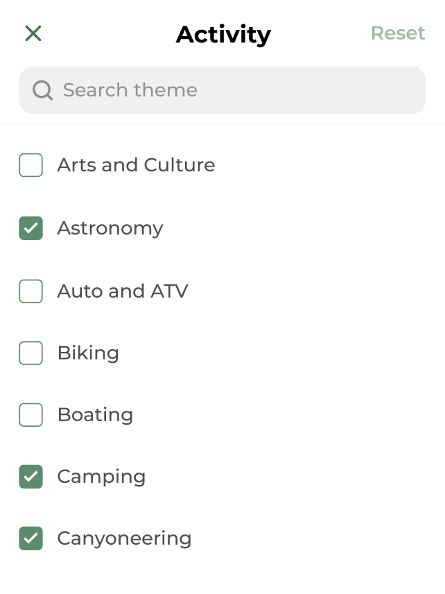 Screenshot of searching by activity with Astronomy, Camping, and Canyoneering checked in a menu