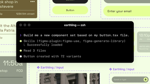 Dark terminal window labeled “earthling — zsh” overlays a green-toned UI design canvas, showing a command to generate a button component set and status messages confirming files read and 72 variants created.