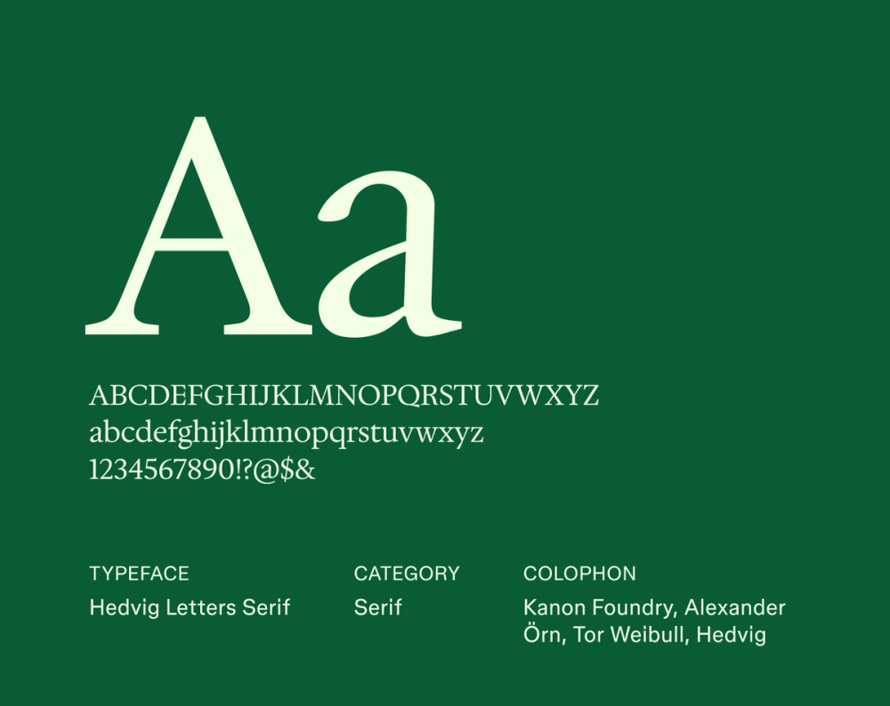Hedvig Letters Serif sample displaying refined, sharp serifs with crisp lines and classical balance.